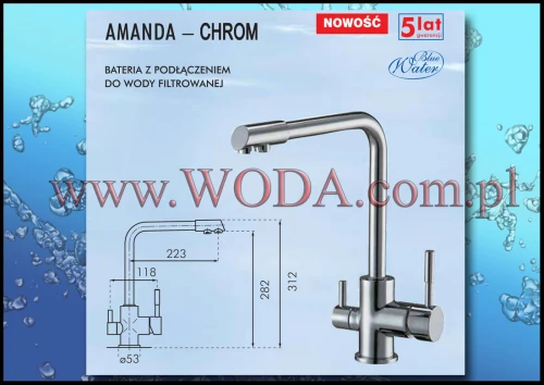 AMANDA CHROM : Blue Water - estetyczna i solidna bateria zlewozmywakowa z dodatkowym podłączeniem pod filtr wody