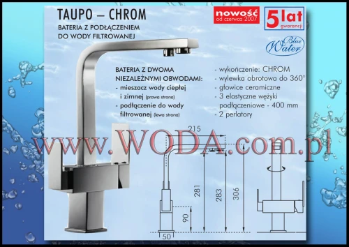 TAUPO CHROM  : nowoczesna, chromowana bateria zlewozmywakowa z podłączeniem na filtr wody